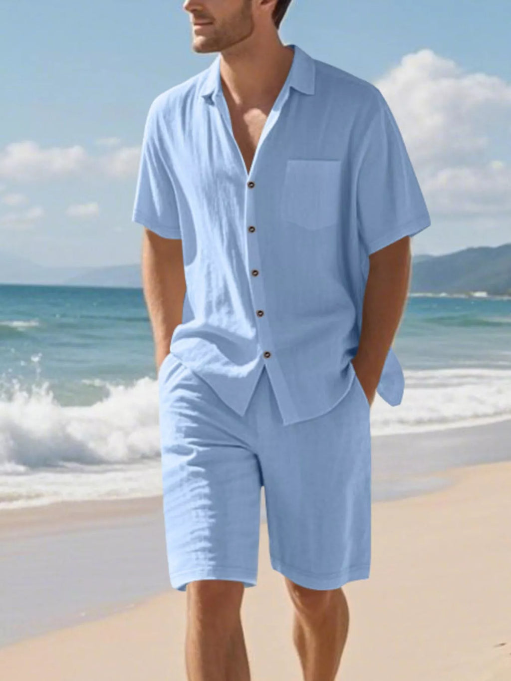 Casual Button Up Shirt and Shorts Set Plus Size in Grey for Men