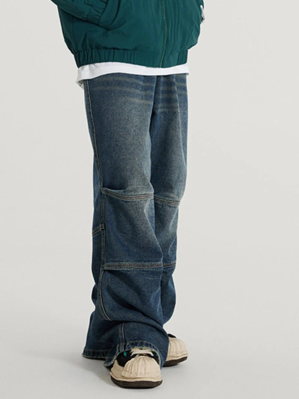 Vintage Wide Leg Utility Jeans with Multi-Panel Design in Retro Blue for Men