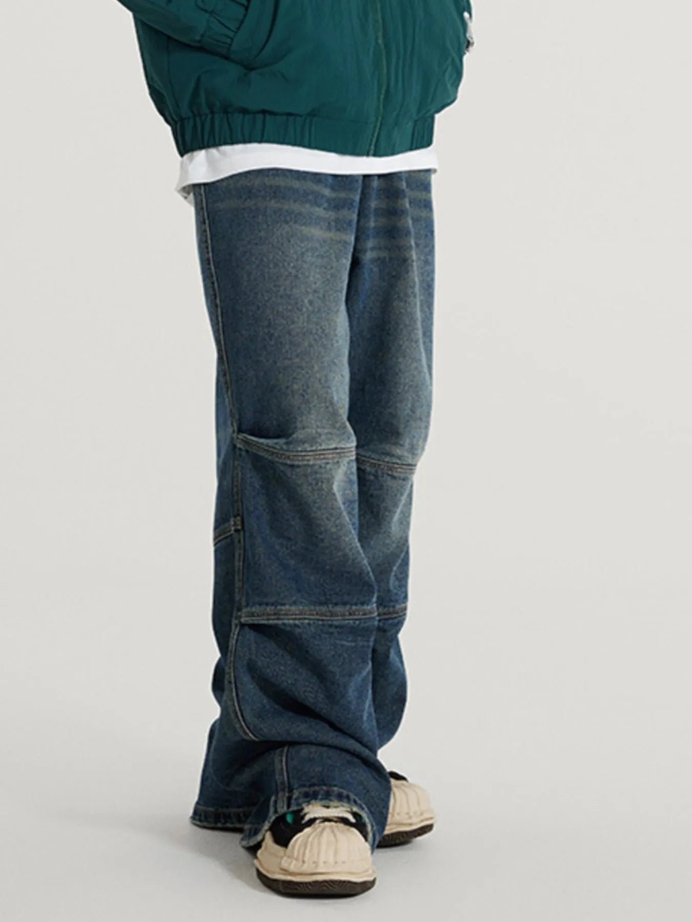 Vintage Wide Leg Utility Jeans with Multi-Panel Design in Retro Blue for Men