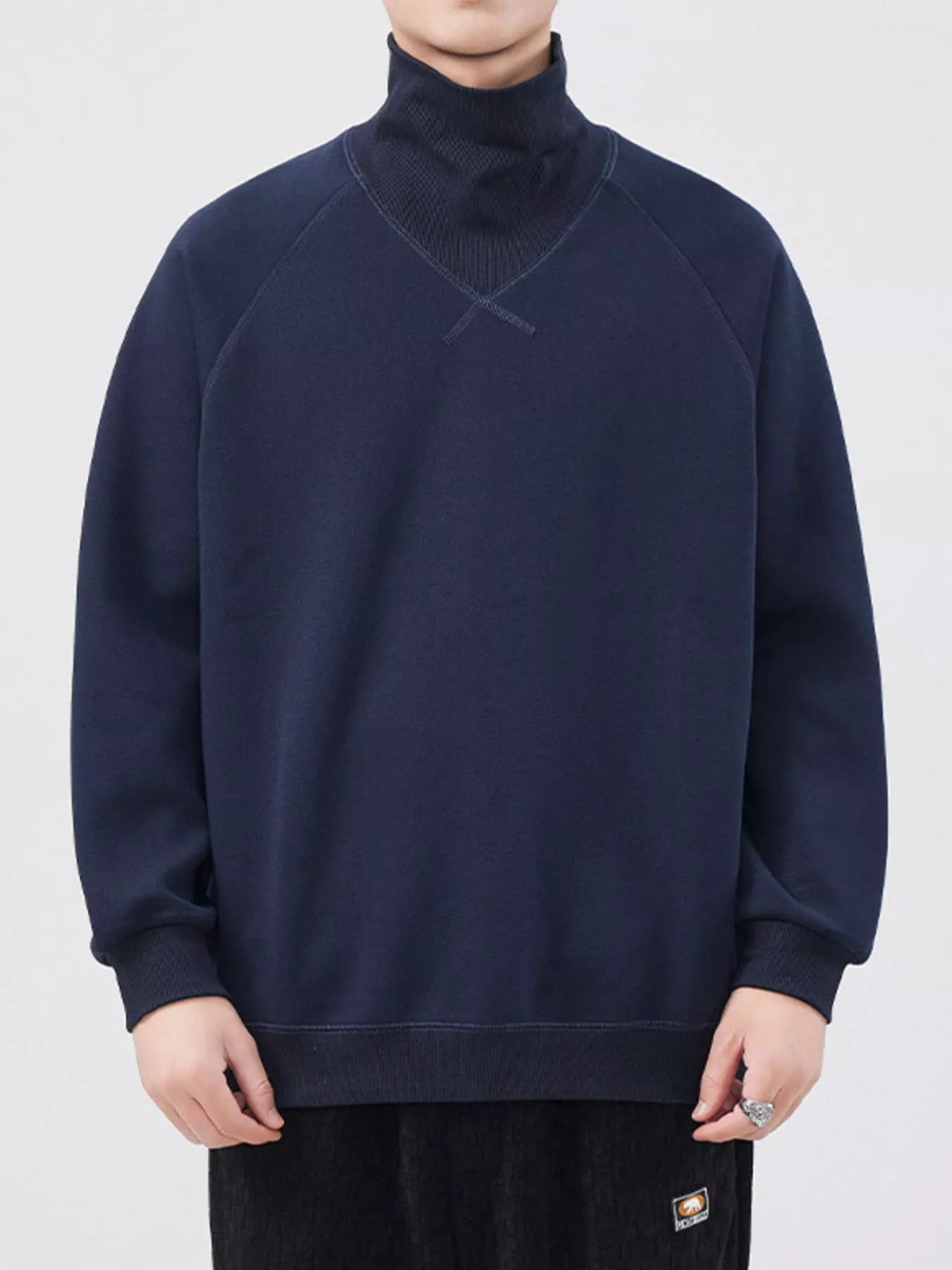 Plus Size Turtleneck Long Sleeve Sweatshirt in Deep Navy Blue for Men
