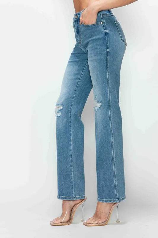 Plus Size Distressed High Rise Straight Jeans in Medium for Women