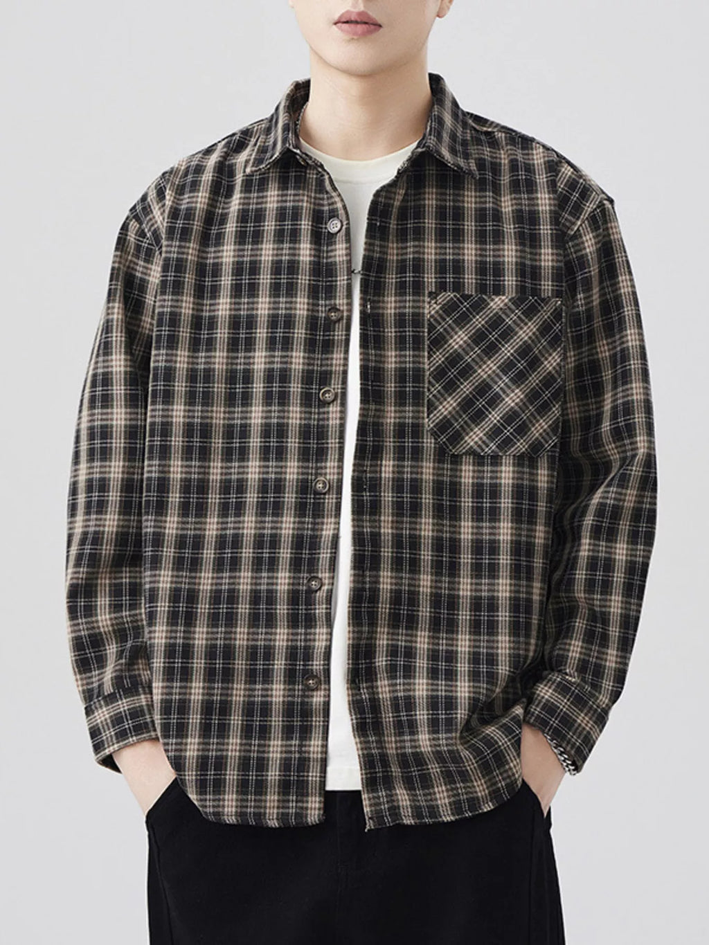 Plus Size Casual Plaid Long Sleeve Shirt in Brown for Men