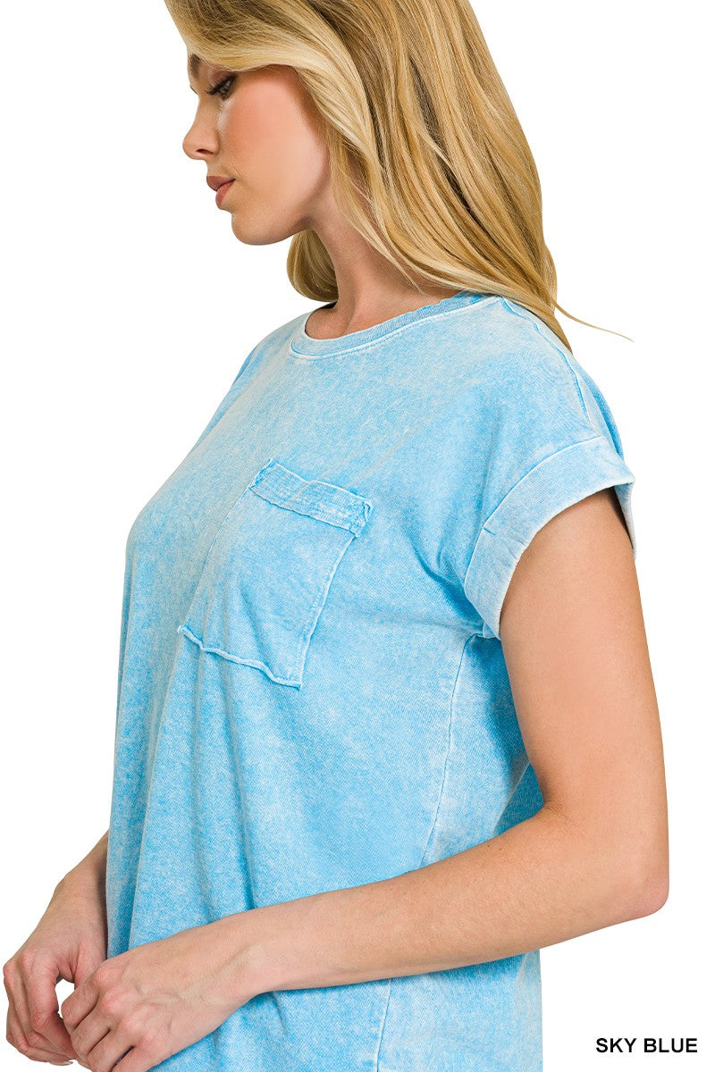 Halo Snow Washed Cuffed Short Sleeve Tee in Sky Blue for Women