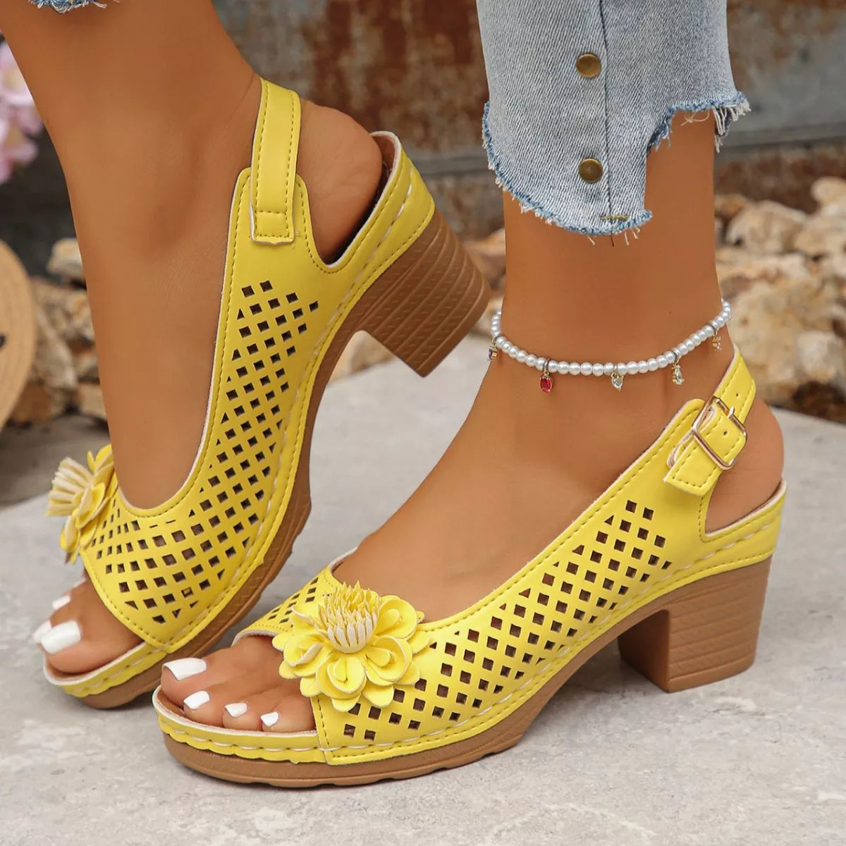 Floral Accent Block Heel Sandals in White for Women