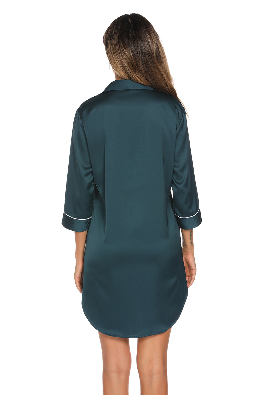 Button Up Collared Neck Night Dress with Pocket in Deep Teal for Women