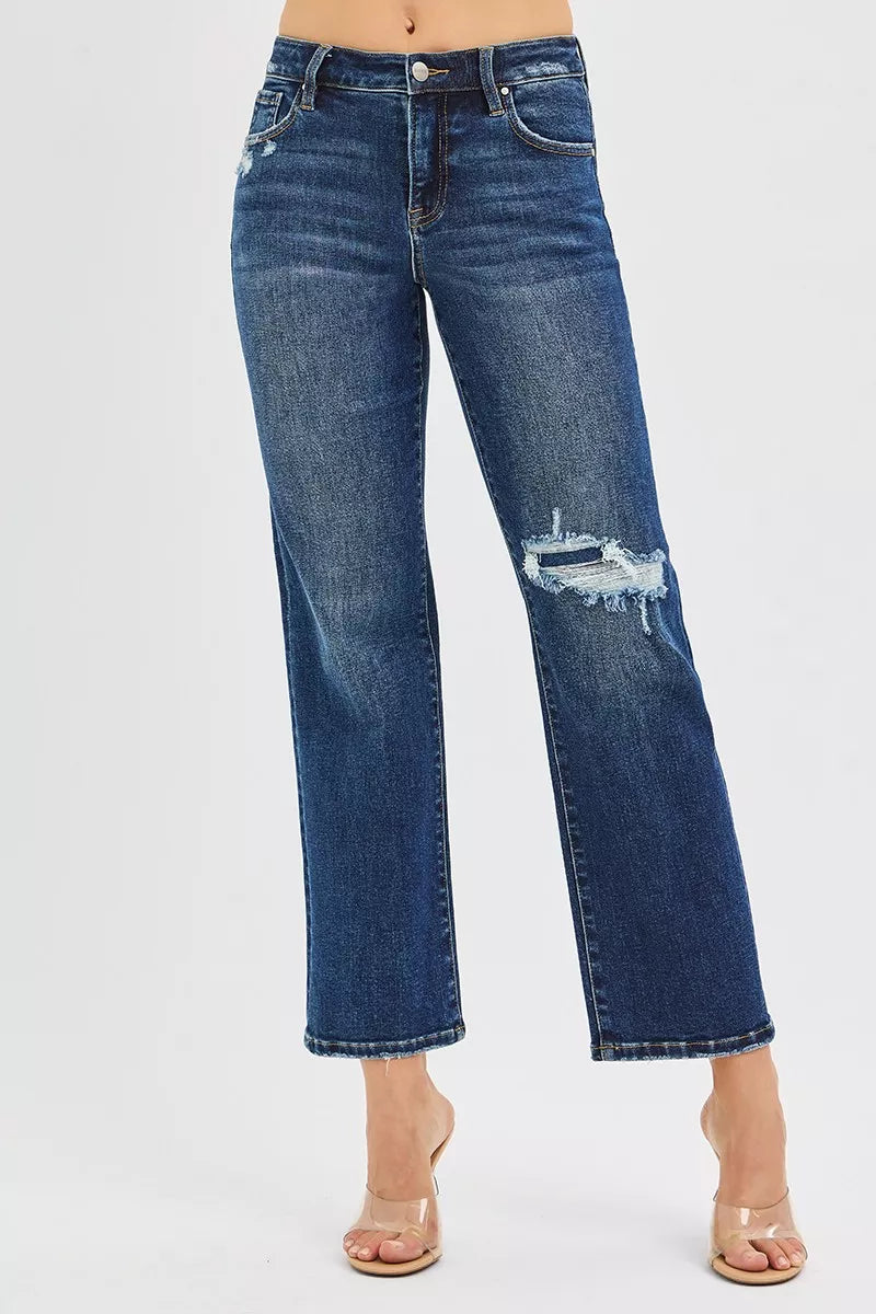 High Rise Crop Slim Straight Jenas with Hidden Knee Patch in Dark for Women