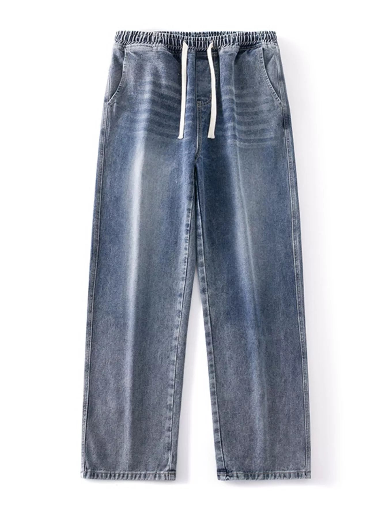 Drawstring Wash Wide Leg Jeans Plus Size in Light Blue for Men