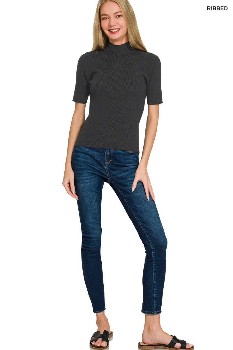 Viscose Ribbed Mock Neck Sweater in Black for Women