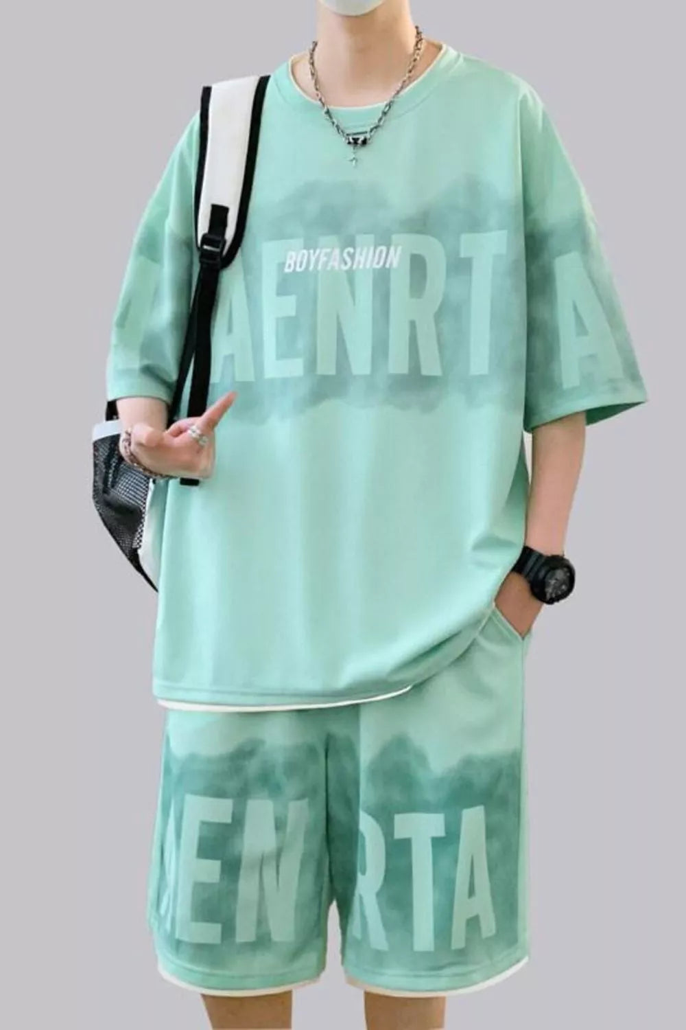 Plus Size Letter Round Neck Tee and Shorts Set in Light Green for Men