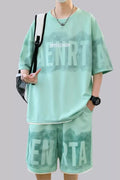 Plus Size Letter Round Neck Tee and Shorts Set in Light Green for Men