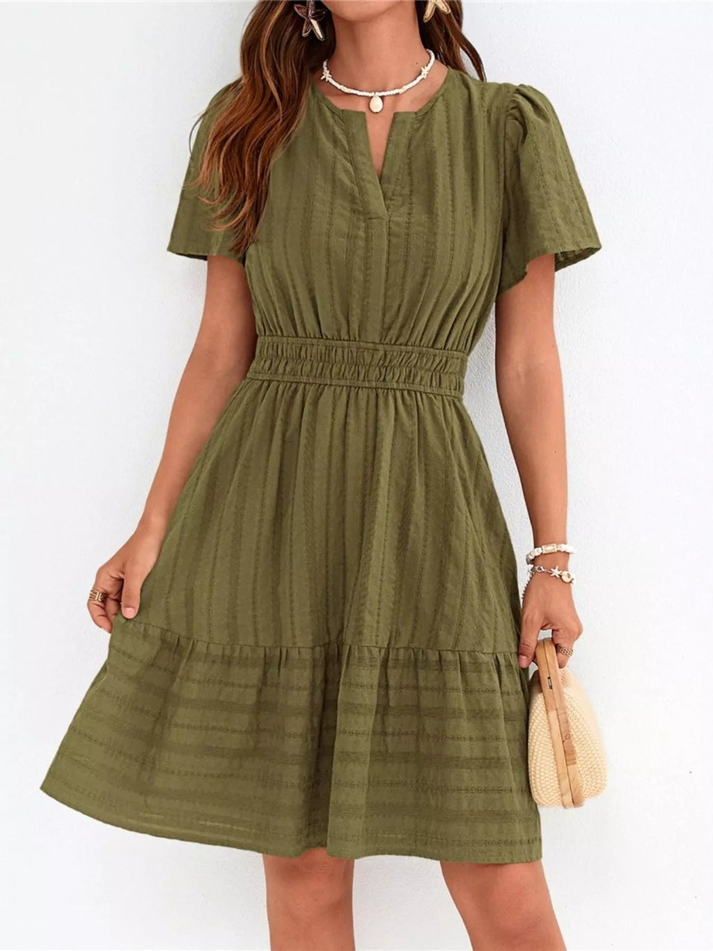 Short Sleeve Smocked Waist Tiered Dress in Yellow for Women