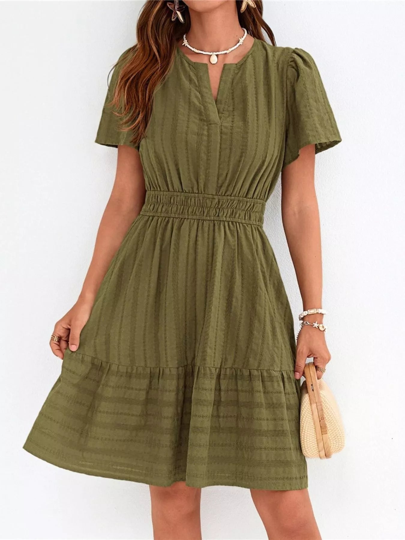 Short Sleeve Smocked Waist Tiered Dress in Yellow for Women