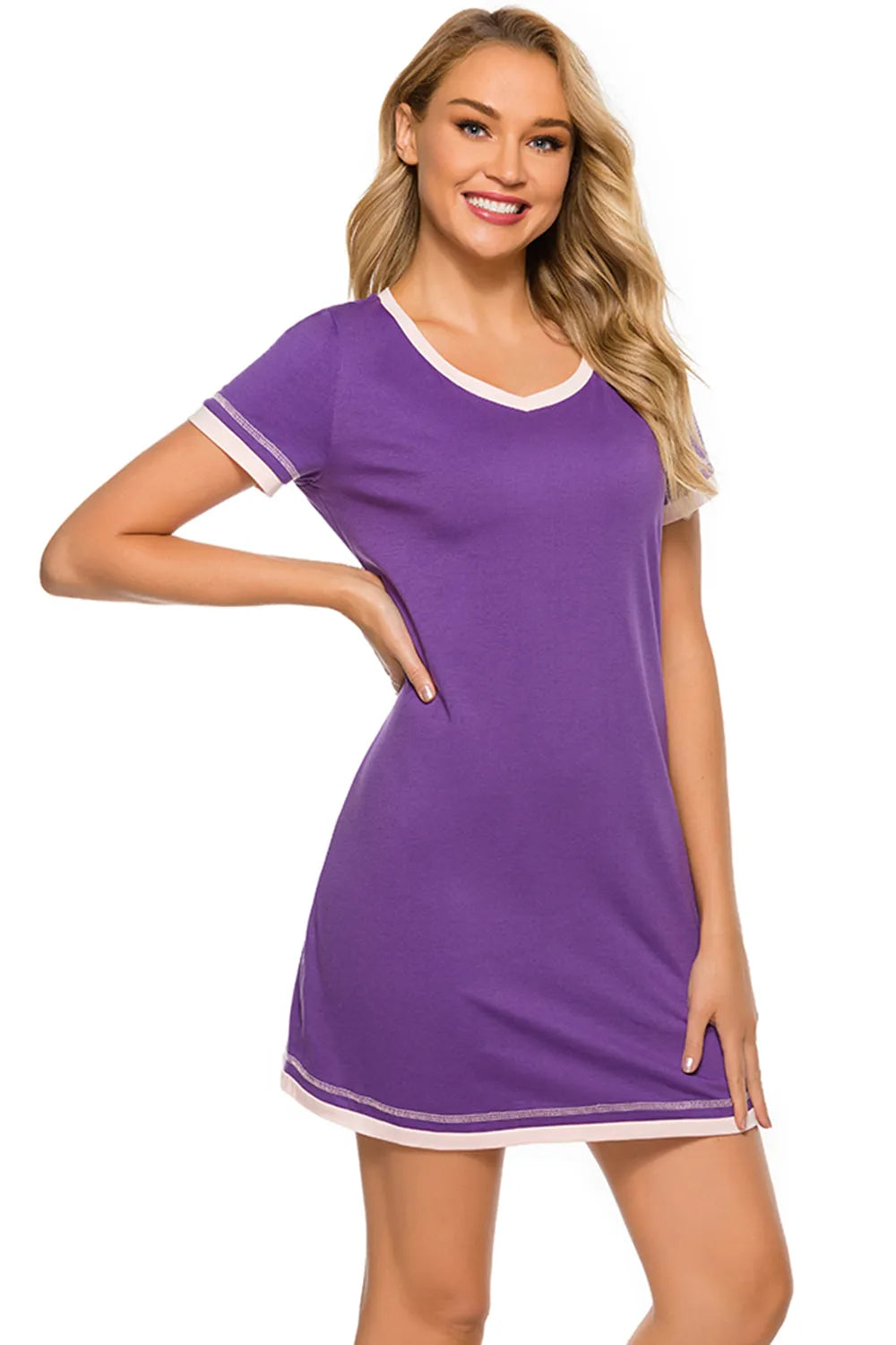 Contrast Trim Short Sleeve Lounge Dress in Light Gray for Women