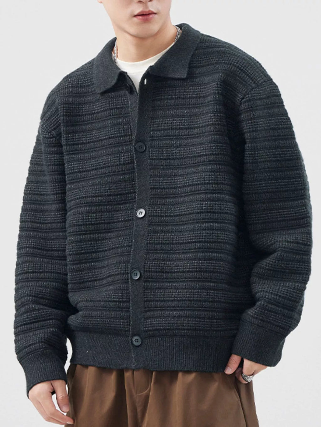 Plus Size Button Up Long Sleeve Cardigan in Gray Green for Men
