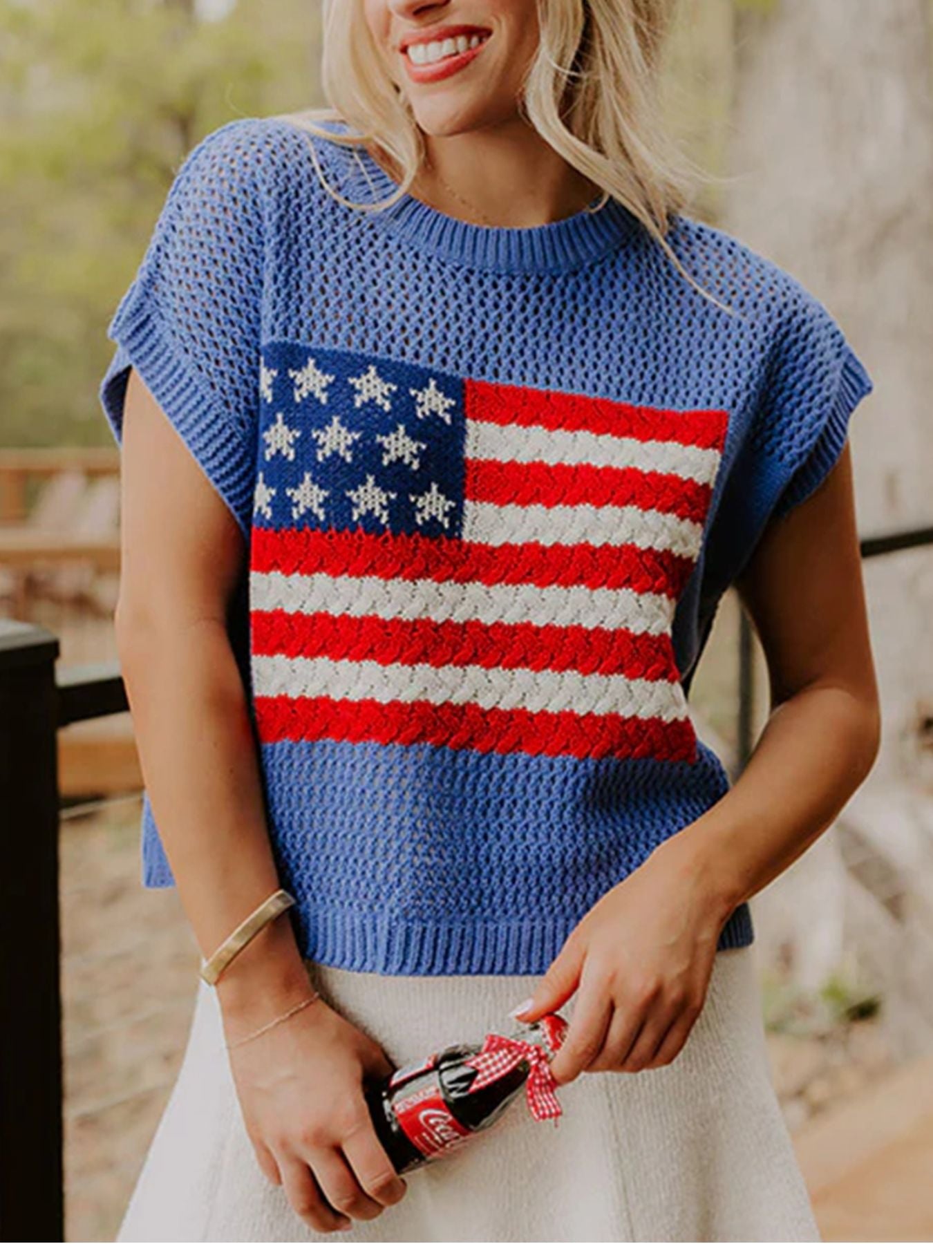 Flag Graphic Short Sleeve Sweater Top in Dusty Blue for Women