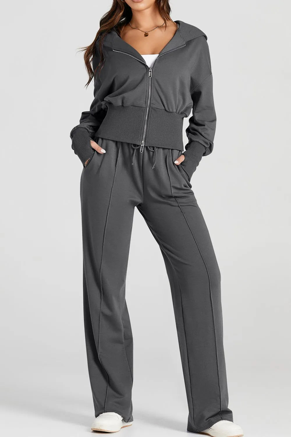 Zip-Up Hoodie and Pants Active Set in Dark Gray for Women