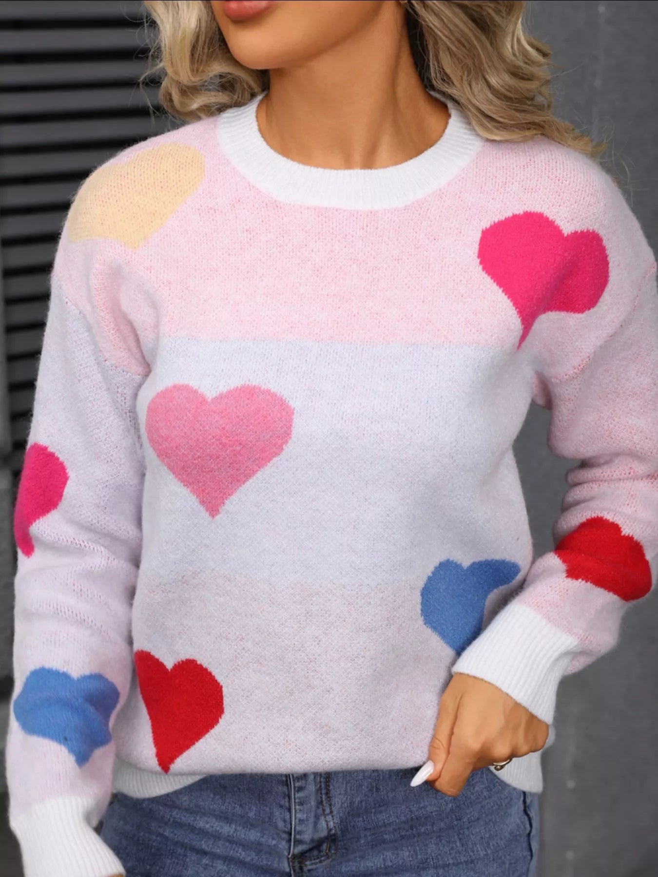 Valentines Day Heart Round Neck Dropped Shoulder Sweater in Pink in Gray White for Women
