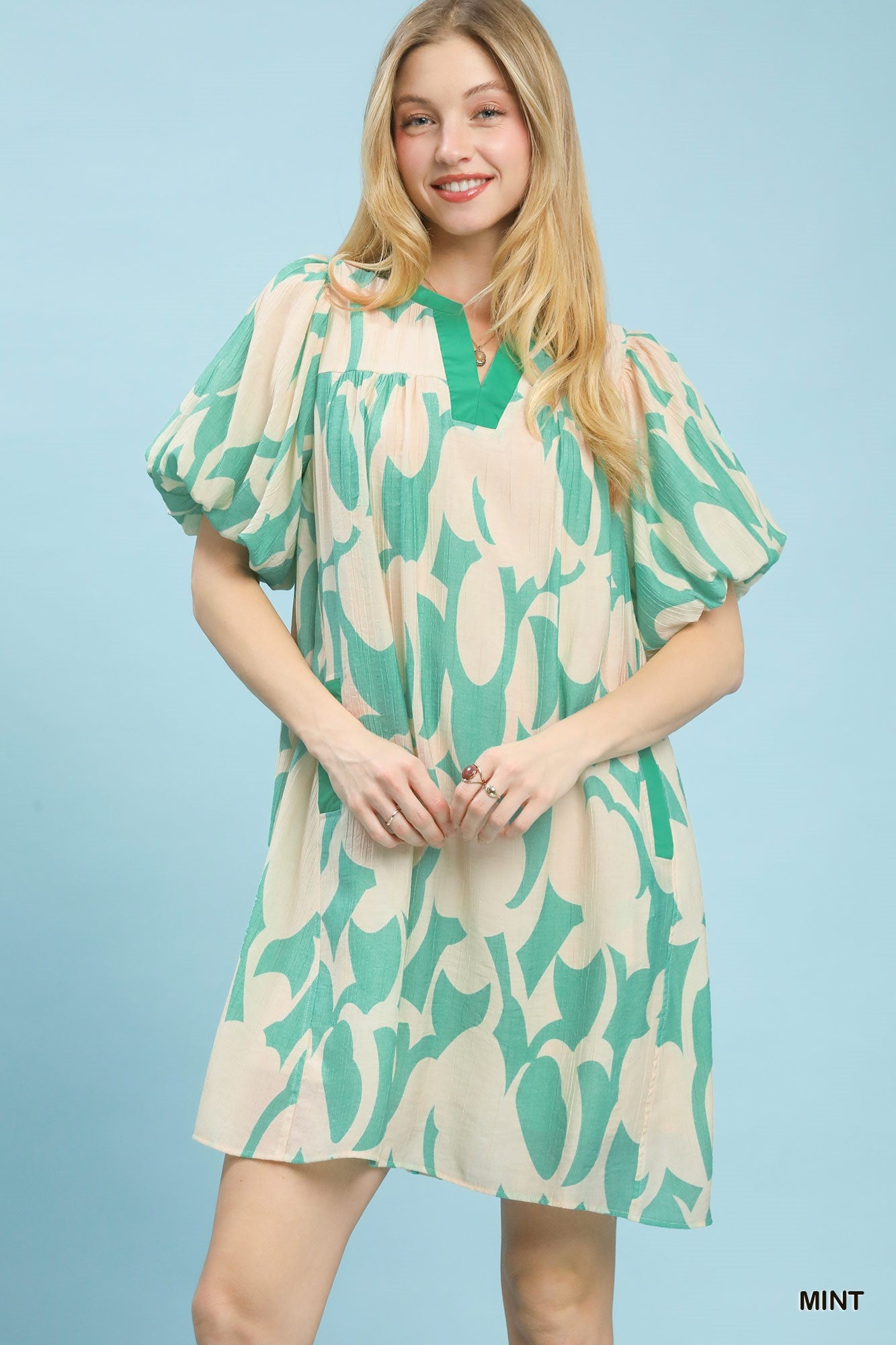 Abstract Print Puff Sleeve Shift Dress in Mint for Women
