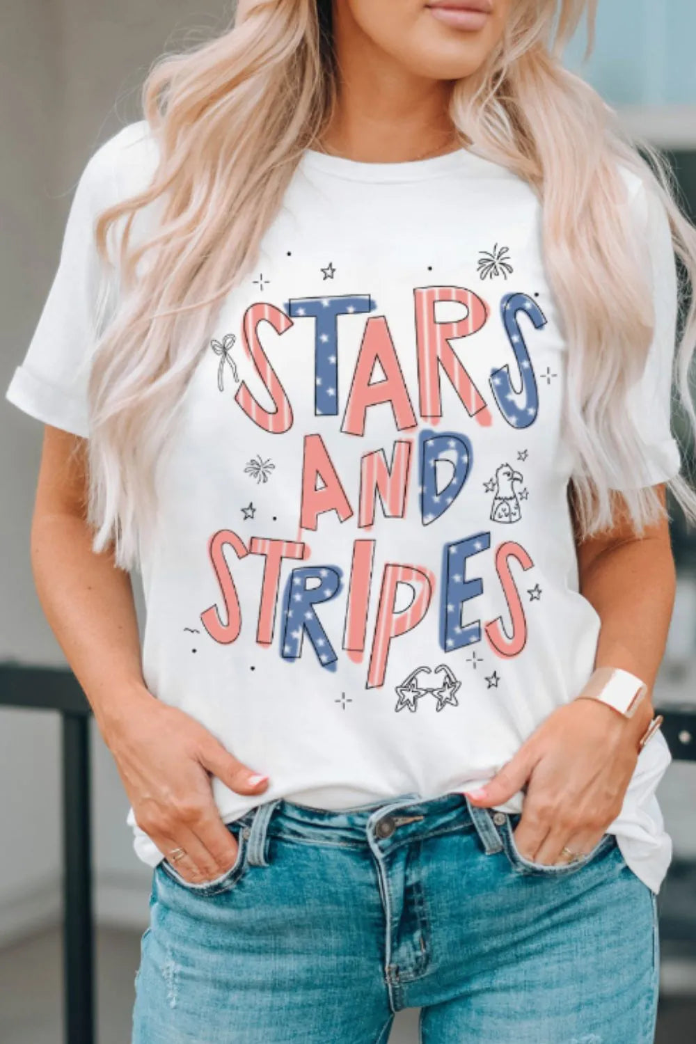 Stars and Stripes Patriotic Graphic T-Shirt in White for Women