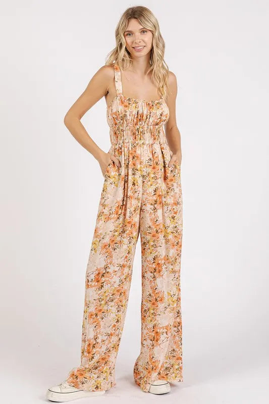 Flower Print Gathered Bust Sleeveless Jumpsuit in Ginger for Women
