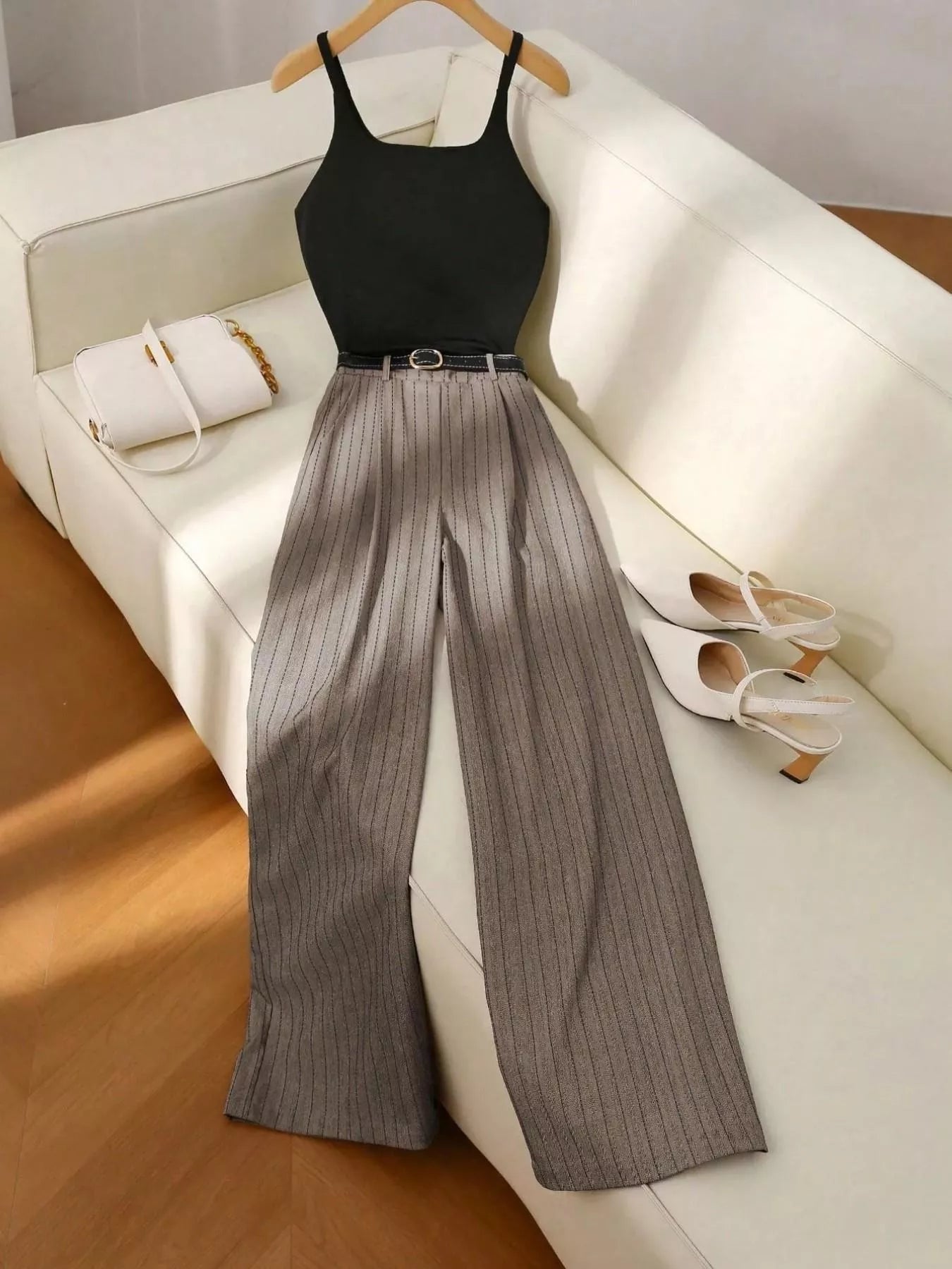 Sleeveless Top and Wide Leg Pants Set in Navy Blue for Women