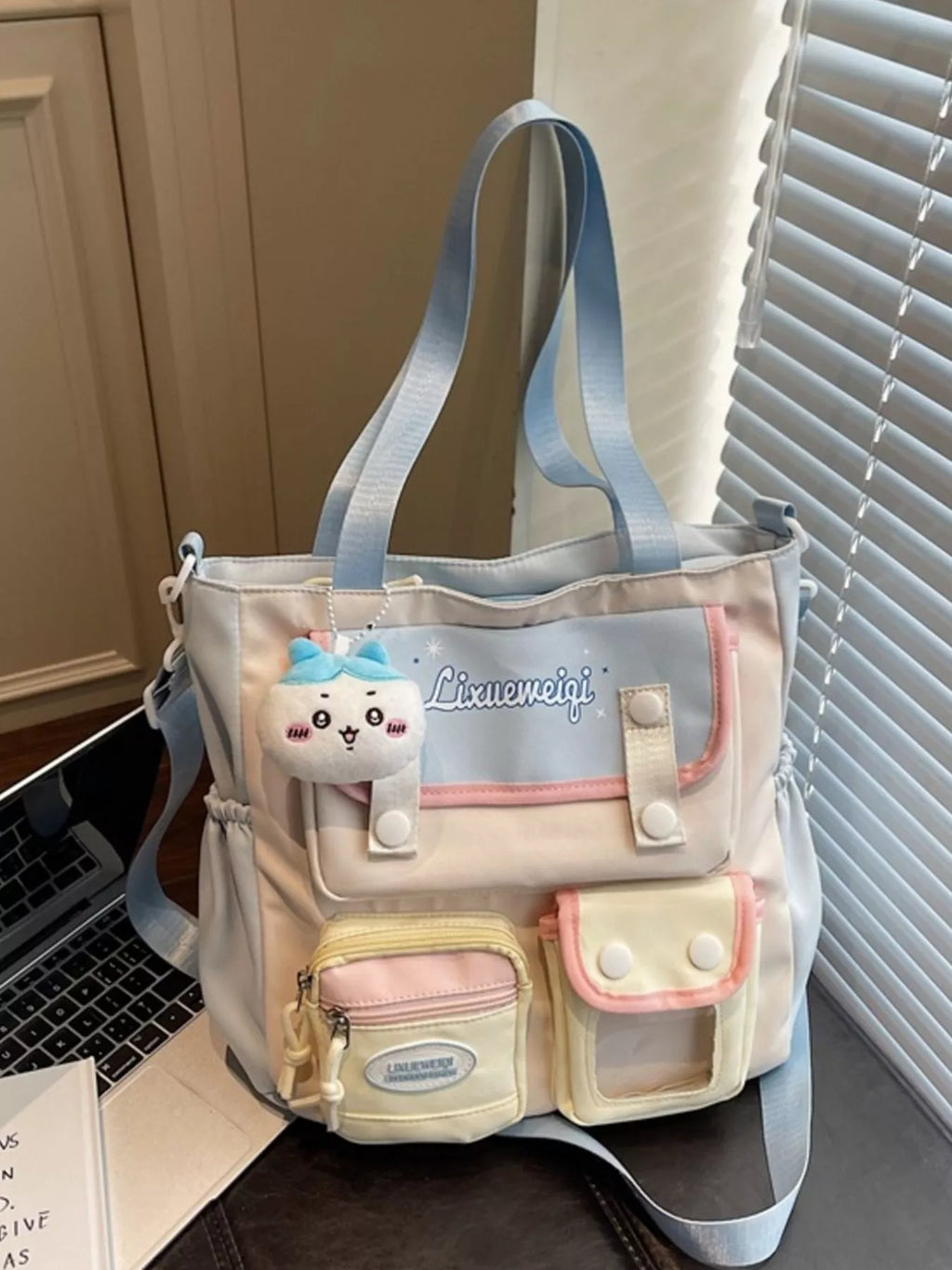 Multi-Pocket Shoulder Bag in Pastel Blue for Women