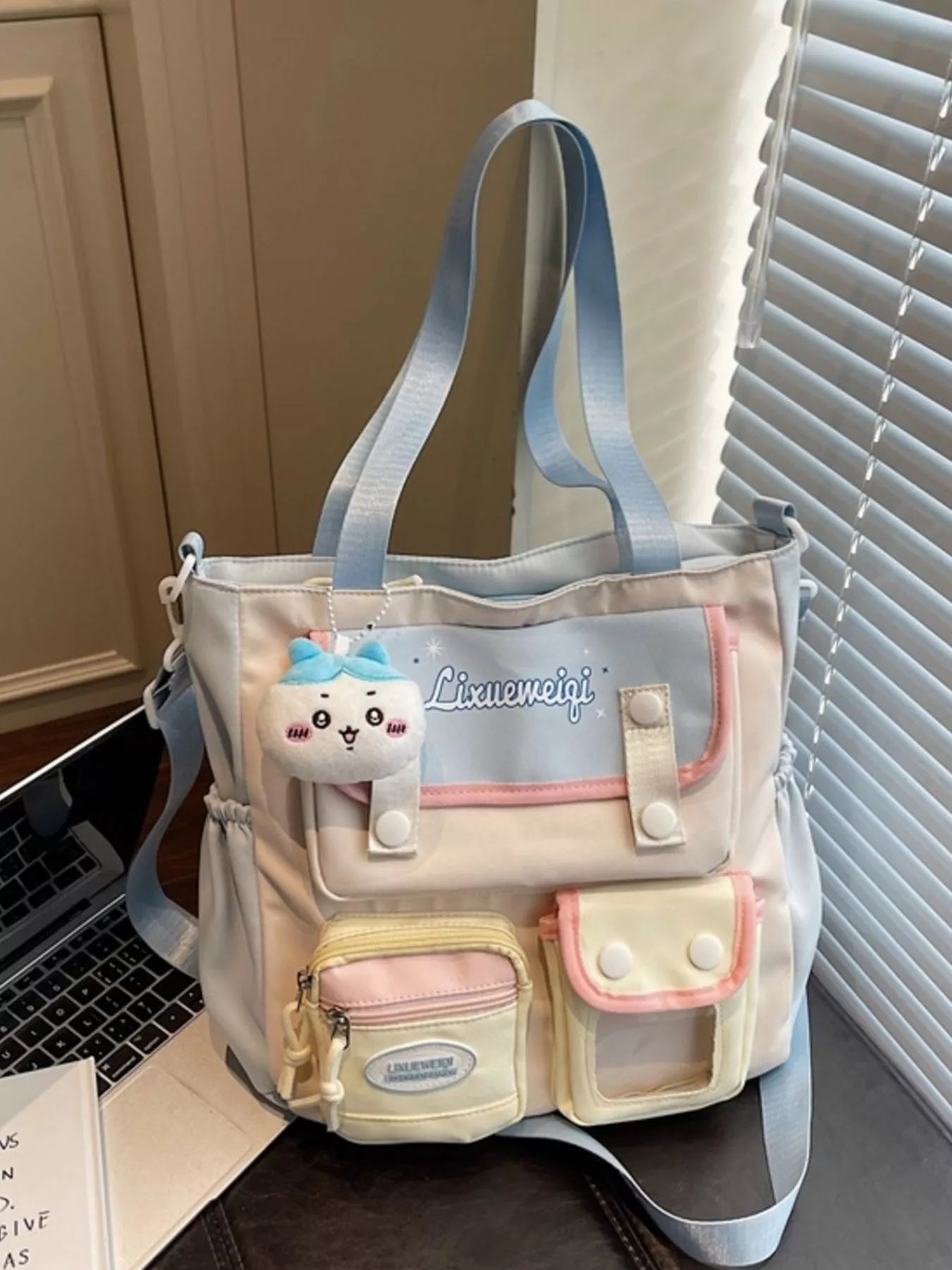 Multi-Pocket Shoulder Bag in Pastel Blue for Women