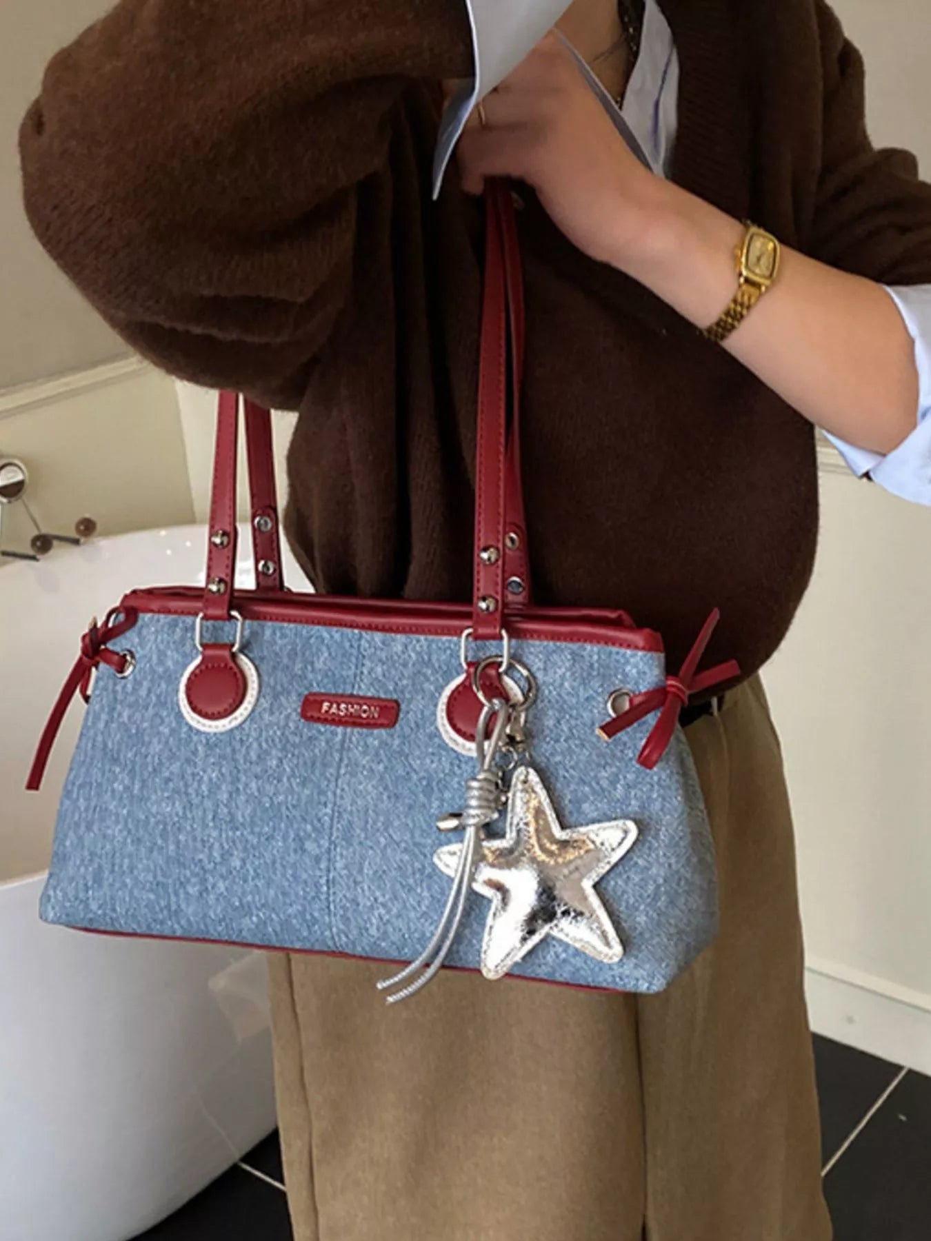 Denim Shoulder Bag with Star Charm for Women