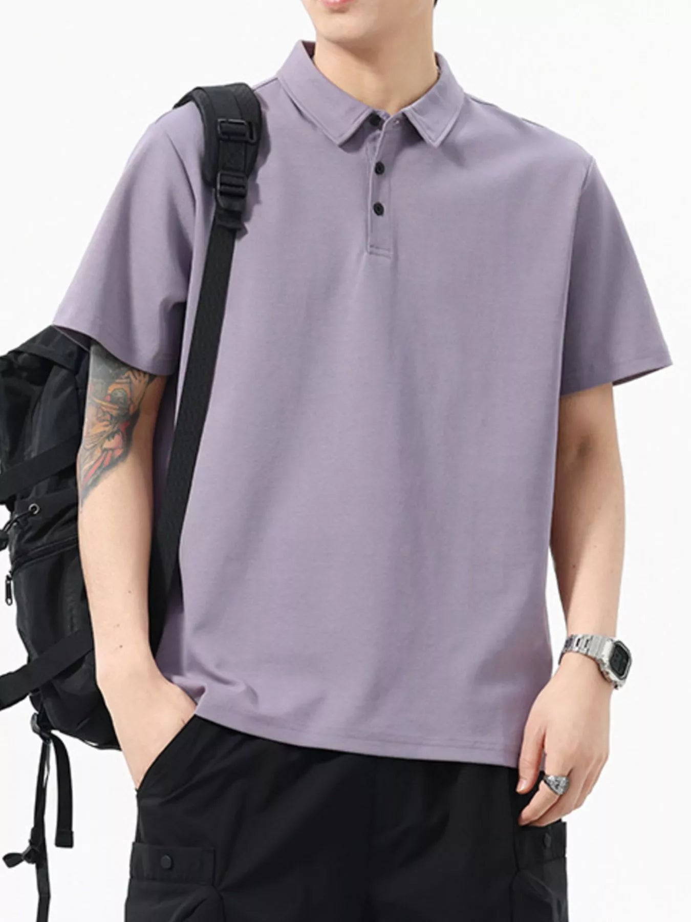 Button Detail Short Sleeve Polo Plus Size in White for Men