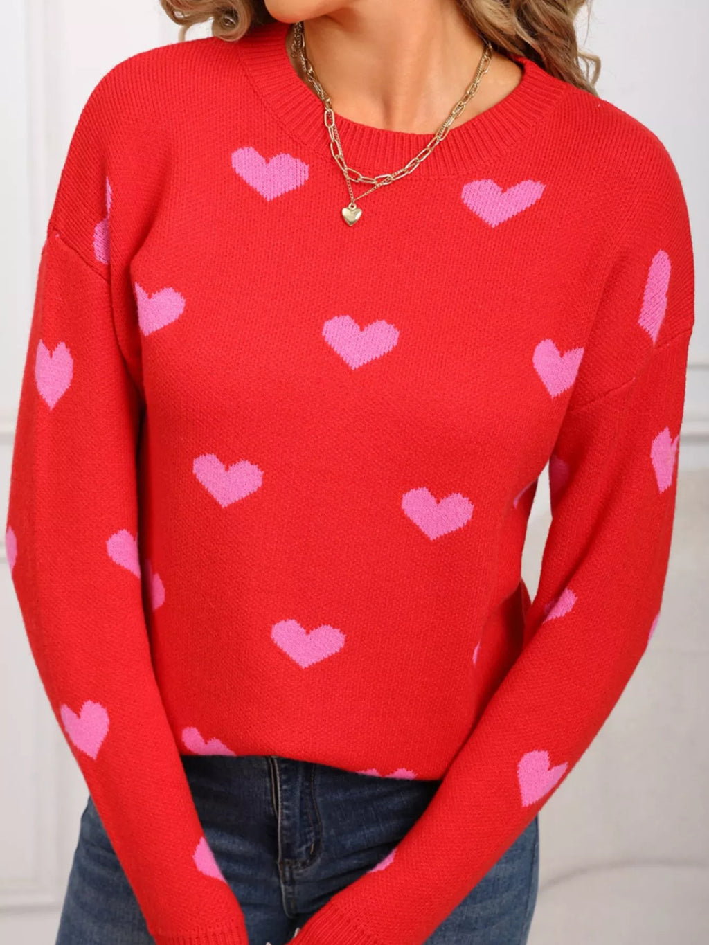 Valentines Day Heart Pattern Dropped Shoulder Sweater for Women
