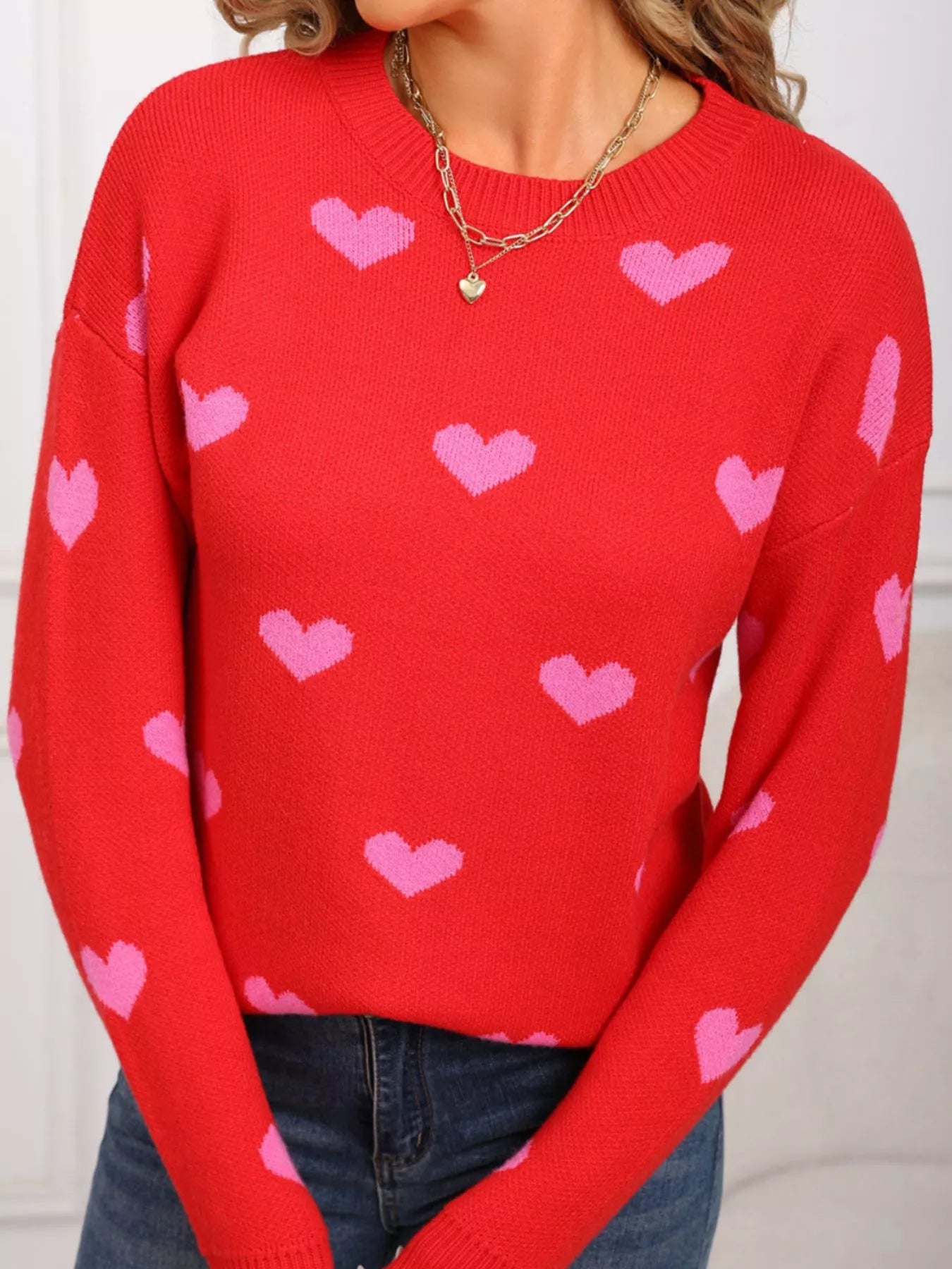 Valentines Day Heart Pattern Dropped Shoulder Sweater for Women