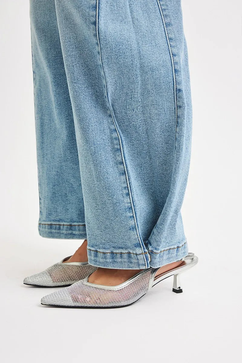 Mid Rise Wide Barrel Transferable Leg Snap Jeans for Women