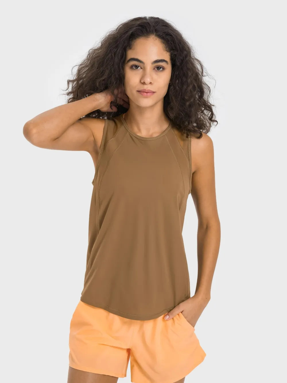Cutout Back Round Neck Active Tank in Camel for Women