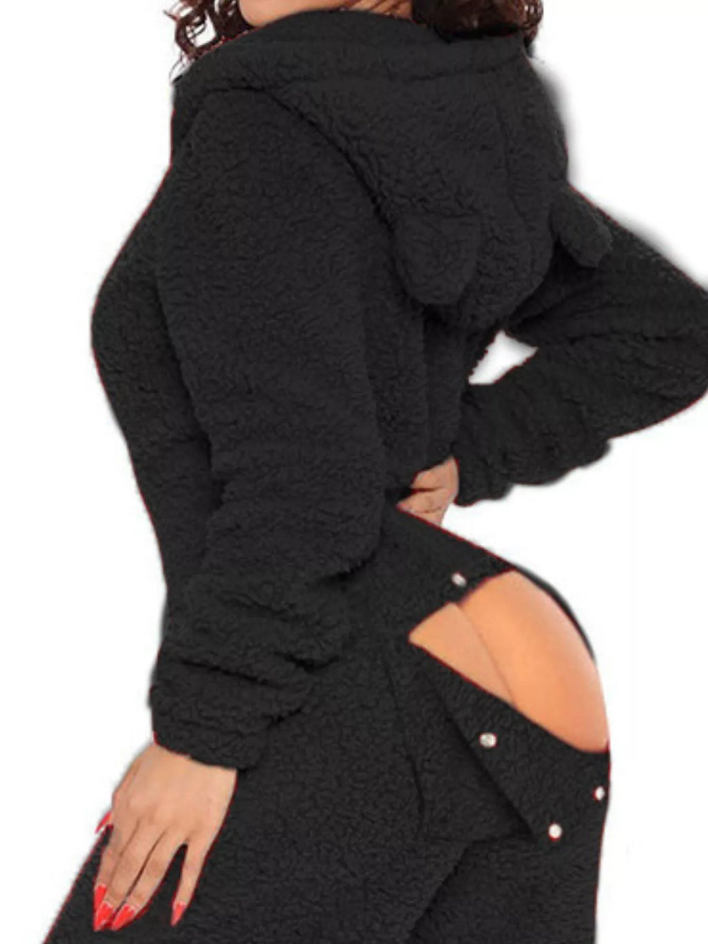 Fleece Hooded Open Back Jumpsuit in Red for Women