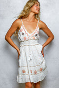Floral Embroidered Tassel Mini Cami Dress with Smocked Waistband in Ivory for Women