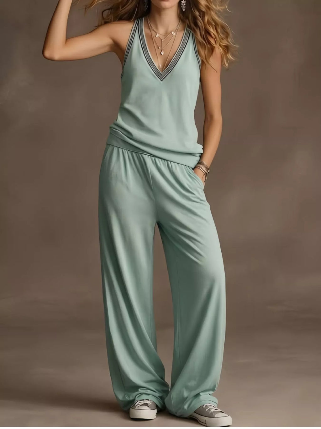 Plus Size V-Neck Tank Top and Wide Leg Pants Set in Gray for Women