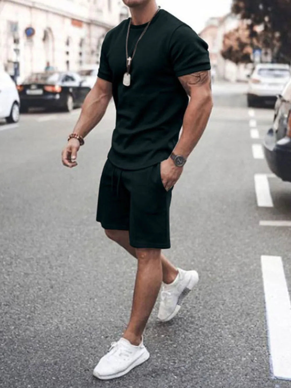 Plus Size Round Neck Short Sleeve Top and Shorts Set in White for Men