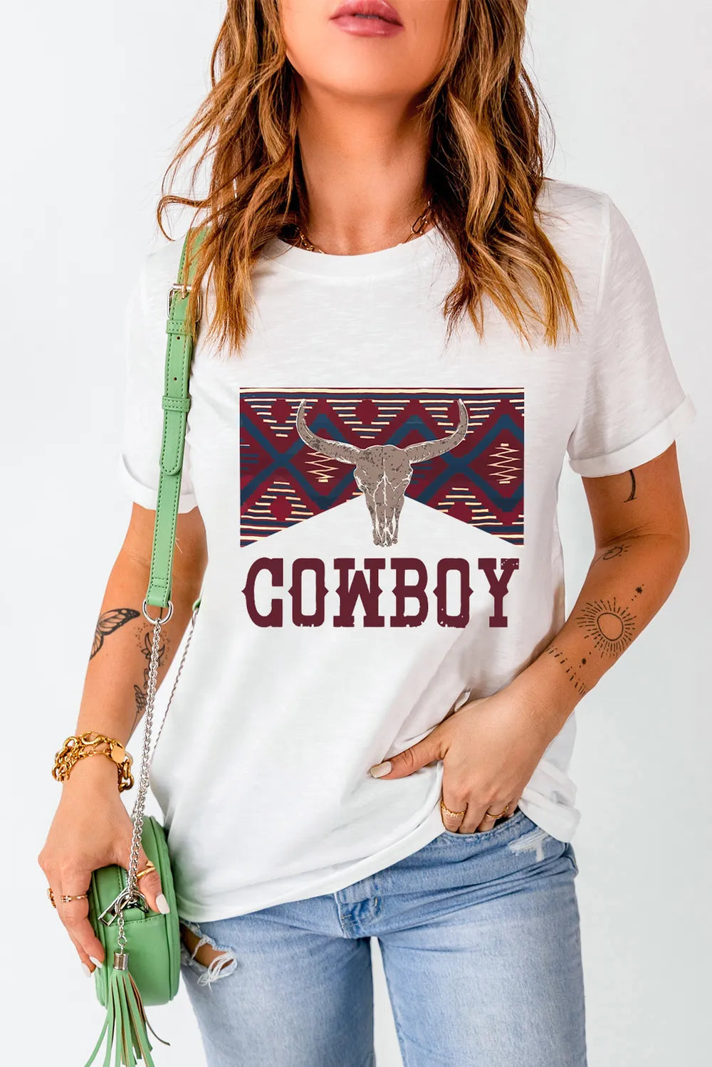 Graphic Round Neck Short Sleeve T-Shirt in Relaxed in White for Women