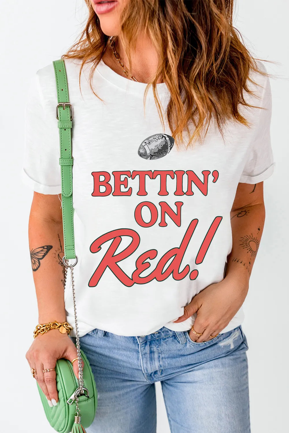 Letter Graphic Round Neck Short Sleeve T-Shirt in Peacock Blue in Scarlet for Women