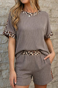 Leopard Trim Ribbed Knit Tee and Shorts Set in Taupe for Women