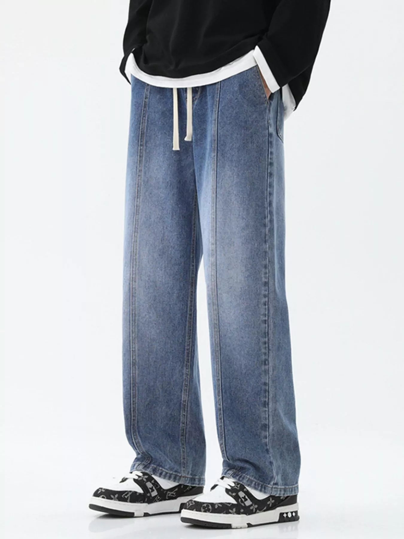 Drawstring Wide Leg Jeans Plus Size in Light Blue in Smoky Gray for Men