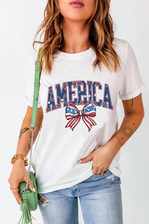 America Round Neck Short Sleeve T-Shirt in White for Women