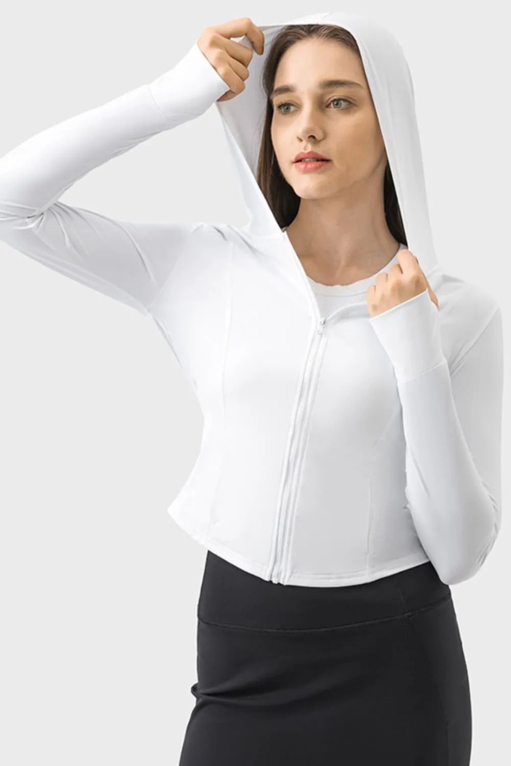 Pocketed Zip Up Hooded Long Sleeve Active Outerwear in White for Women