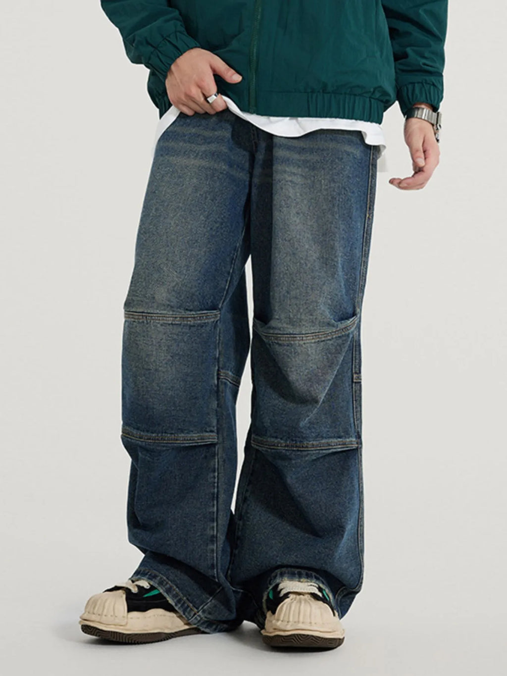 Vintage Wide Leg Utility Jeans with Multi-Panel Design in Retro Blue for Men