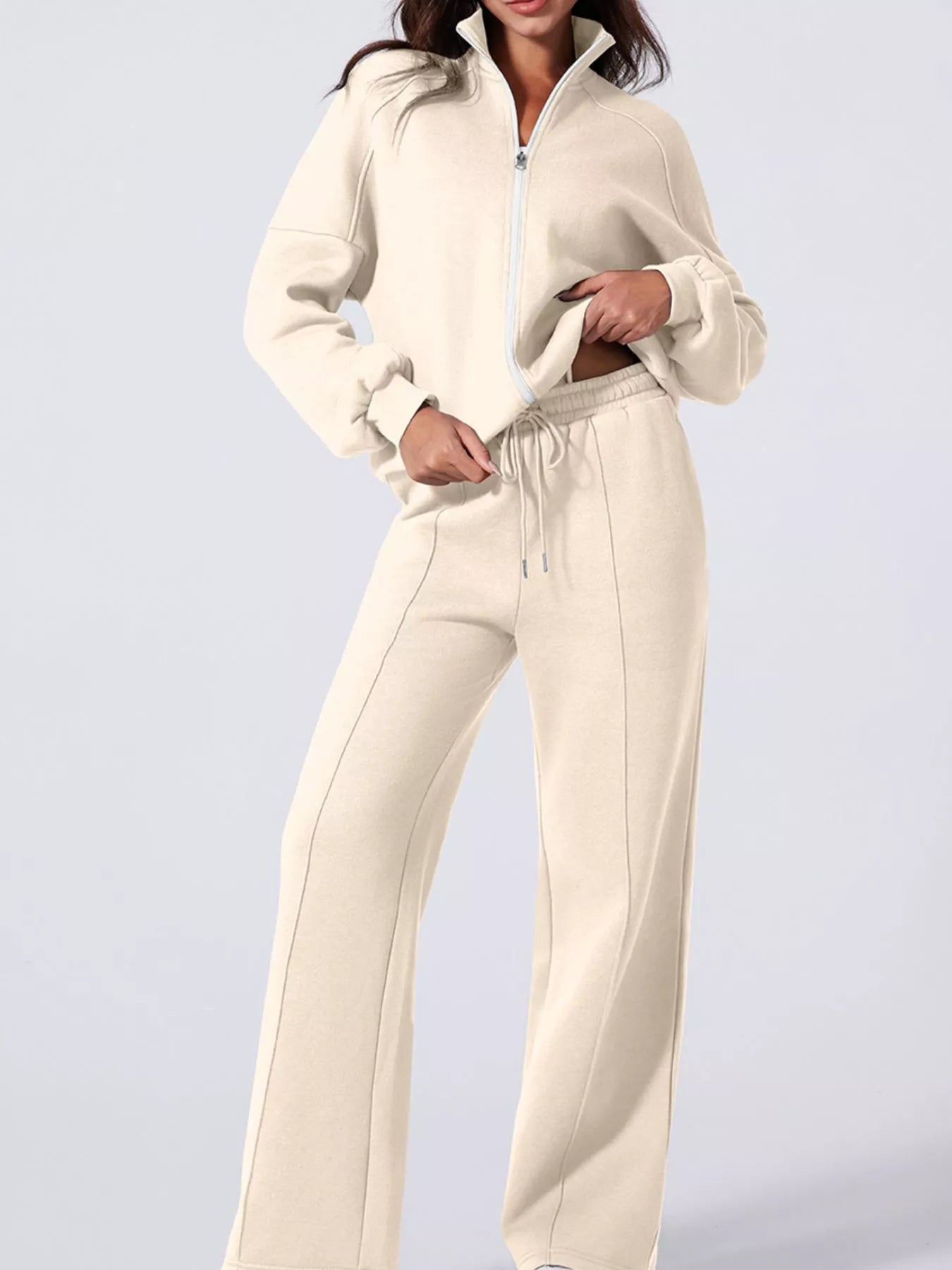 Drop Shoulder Zip Up Jacket and Drawstring Pants Active 2pcs Set in Beige for Women