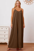 Plus Size Ruffle Trim Tie Back Cami Jumpsuit with Pockets in Mocha for Women