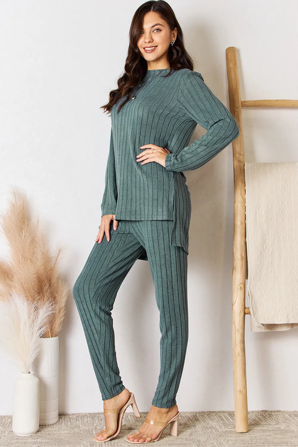 Plus Size Ribbed Round Neck High-Low Slit Top and Pants Set in Black for Women