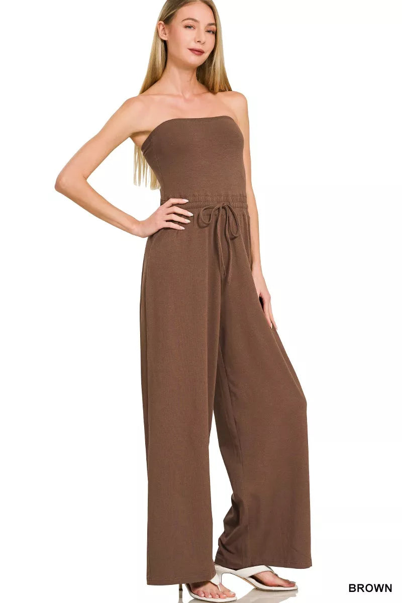 Tube Top Jumpsuit with Drawstring Waist in Brown for Women
