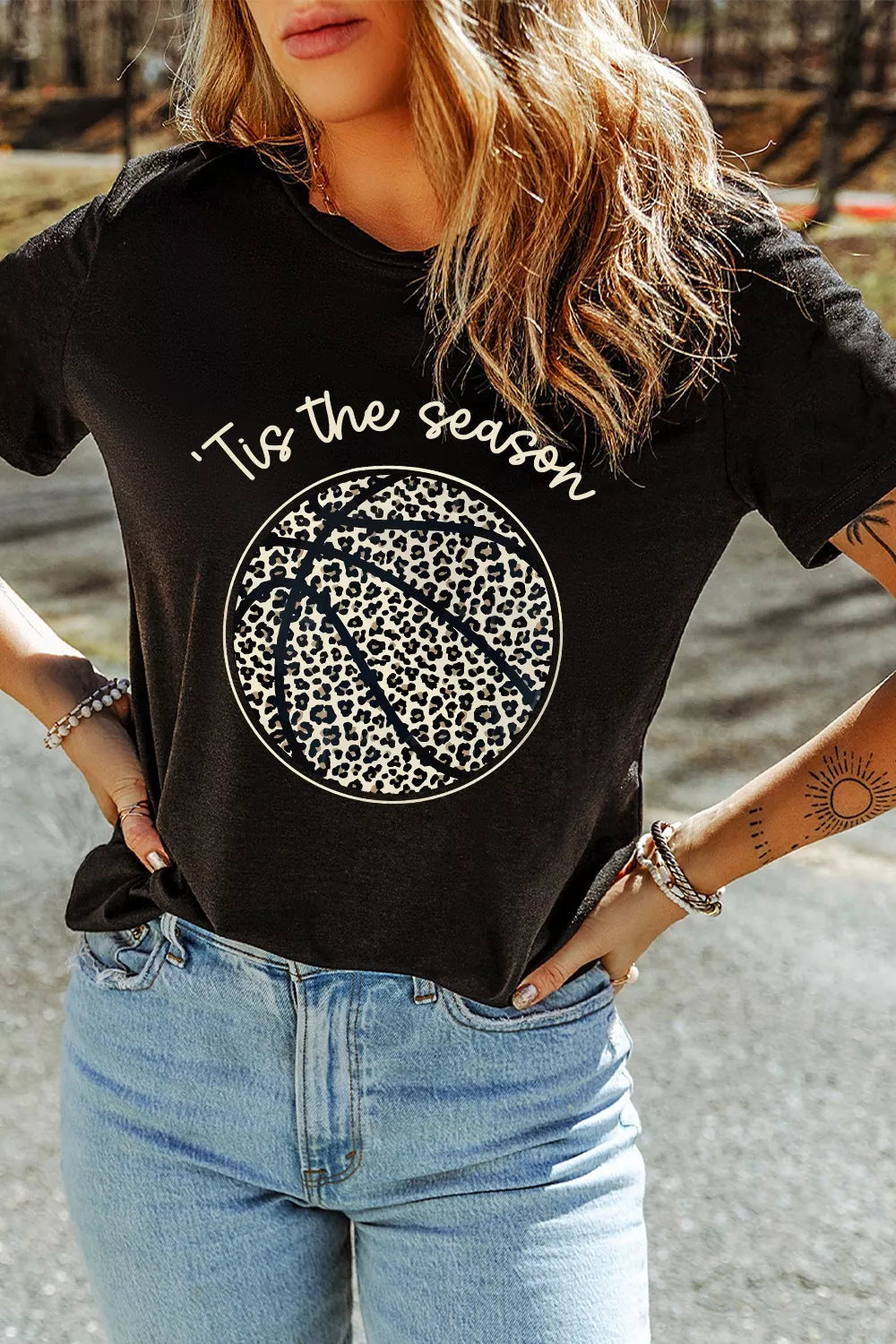 Leopard Basketball Graphic Crew Neck Tee in Black for Women