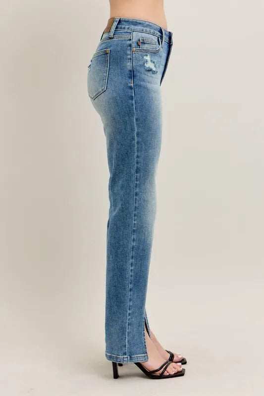 High Waist Vintage Wash Front Seam & Slit Straight Plus Size in Md for Women